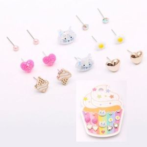 🏷️ Stud Earring Set Cats Hearts Daisies Ice Cream Faux Pearl Rhinestone 7 Pair
